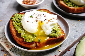 Poached egg avocado toast, selective focus
