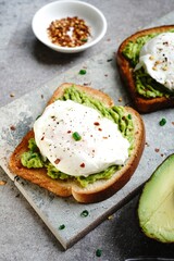 Poached egg avocado toast, selective focus
