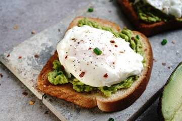 Poached egg avocado toast, selective focus