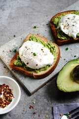 Poached egg avocado toast, selective focus