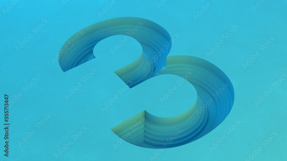 Poster blue number three with stepped edges inside blue floor. 3d render.