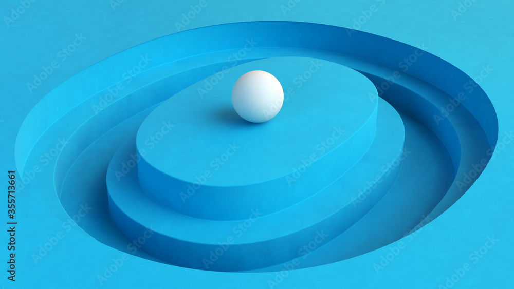 Poster abstract blue background with rounded recesses and white sphere on top. minimalist composition with 