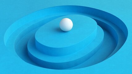 Abstract blue background with rounded recesses and white sphere on top. Minimalist composition with flow lines. 3d render.