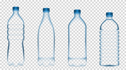 Set of four transparent plastic bottles