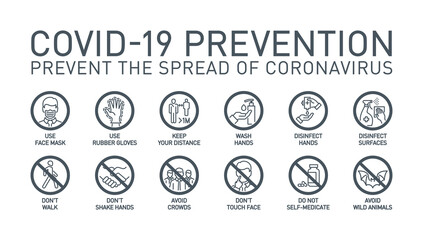 Coronavirus covid19 prevention creative illustration banner. Word lettering typography gray line icons on white background. Thin line infographic style quality design for corona virus covid 19 prevent - obrazy, fototapety, plakaty