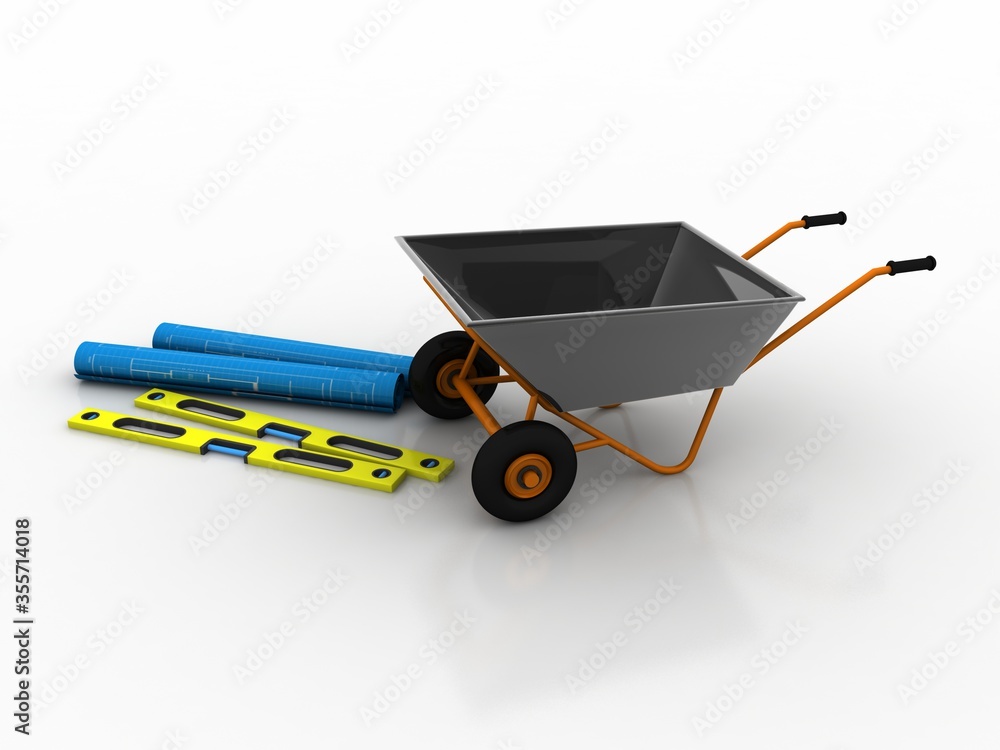 Poster 3d rendering hardware level tool with wheel barrow