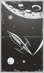 Retro Future Space Fantastic Movie Poster Style, Space Rocket, Moon, Stars. Grunge Texture Frame 