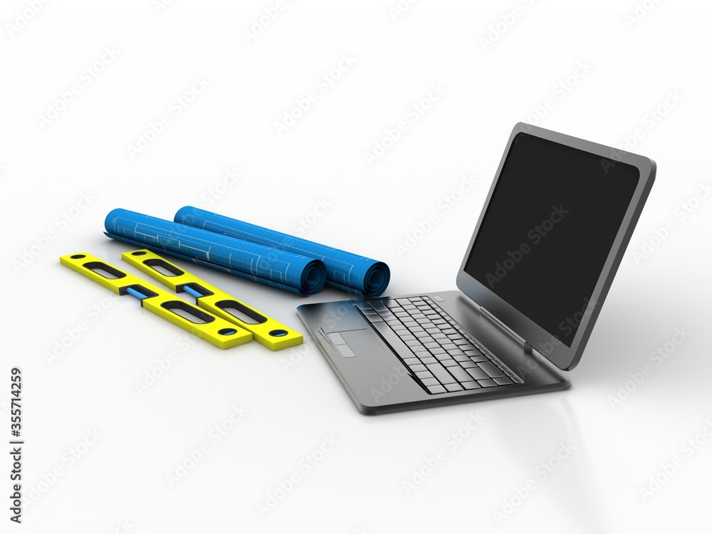 Poster 3d rendering hardware level tool with laptop