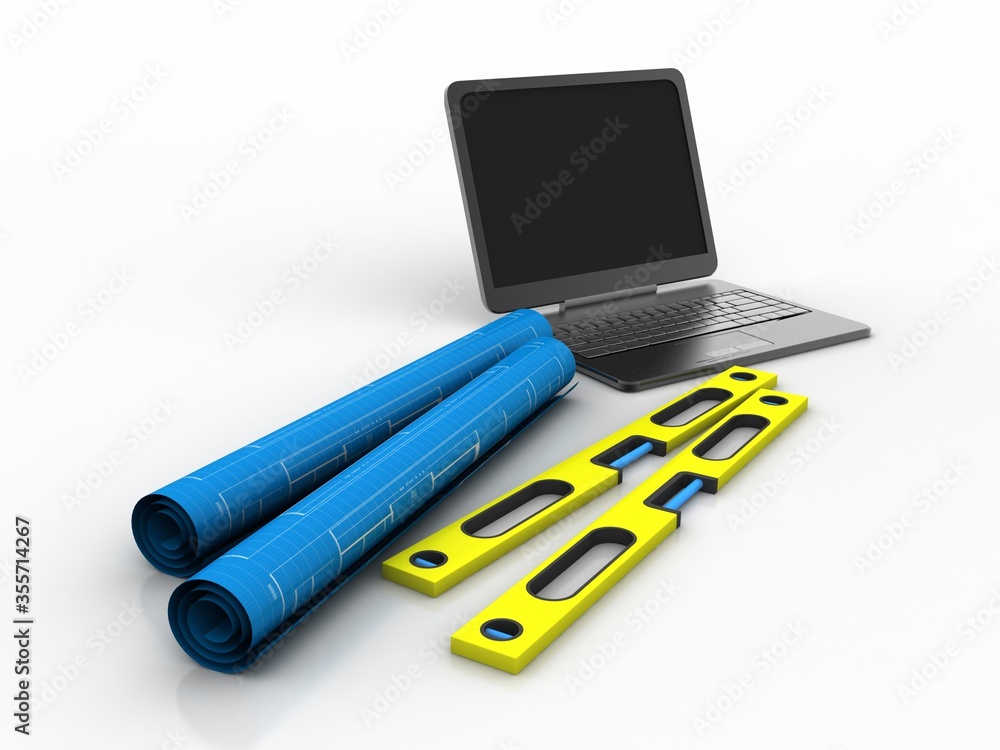 Poster 3d rendering hardware level tool with laptop