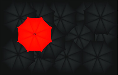 illustration of red umbrella along with black umbrellas.