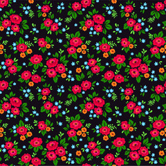 Simple cute pattern in small red and orange flowers on dark background. Liberty style. Ditsy print. Floral seamless background. The elegant the template for fashion prints.