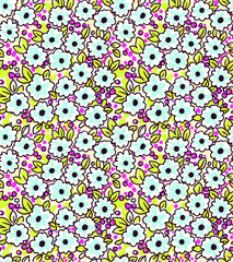 Floral background with small contour flowers. Memphis style. Bright and colorful, 90s style. Vector seamless pattern. Creative geometric background with floral elements and different textures