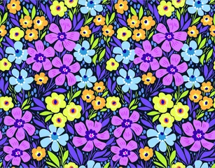 Selbstklebende Fototapeten Amazing seamless floral pattern with bright colorful flowers and leaves on a dark blue background. The elegant the template for fashion prints. Modern floral background. Folk style.  © ann_and_pen
