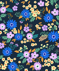 Fototapeta na wymiar Floral pattern. Pretty flowers on dark gray background. Printing with small-scale blue and lilac flowers. Ditsy print. Seamless vector texture. Spring bouquet