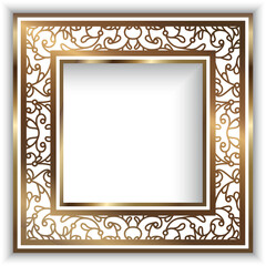Square picture frame with gold border ornament. Art Deco style. Vintage golden decoration for wedding invitation card or packaging design. 