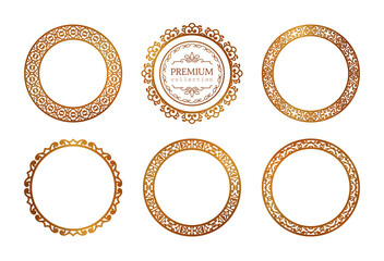 Set of ornamental round frames. Vintage gold labels and badges. Premium collection of decorative circular patterns. Ornate golden elements for wedding invitation design.