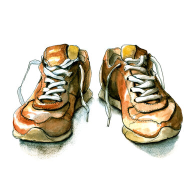 Watercolor sneakers, sport shoes. Cognac leather. / Hand-drawn watercolor and ink illustration isolated on white background.