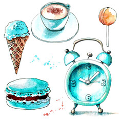 Vintage watercolor set of swit stuff. Isolated on a whit background. Menthol blue and chocolat brown colors. Vintage alarm clock, ice cream, macaroon, lollipop, coffee.