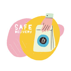 Safe Delivery banner with flat style hand holding paper bag. Cartoon illustration of shipping package with steaming coffee icon. Hand drawn image with trendy round shapes for online store in quarantin