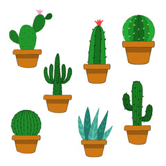 Set of different Green cartoon cactus flower in pot on white background for your design, stock vector illustration