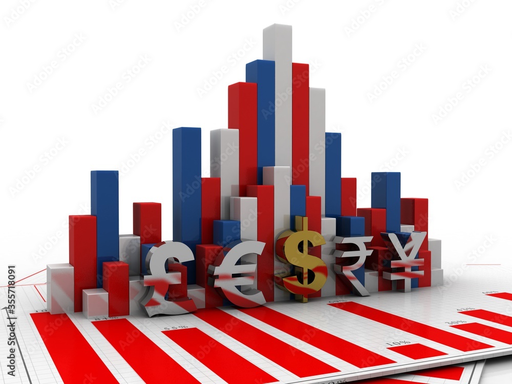 Poster 3d rendering global currencies with business graph