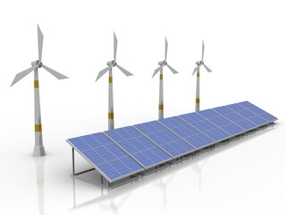 3d rendering Group of Wind Turbine with solar panel
