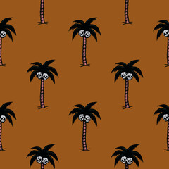 PALM TREE WITH SKULLS BLACK SEAMLESS PATTERN COLOR BACKGROUND