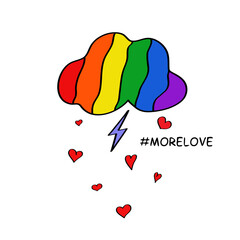 LGBT LGBTQ rainbow pride month flag logo sign Cloud with lightning and rain of hearts Hand drawn doodle Modern creative design Fashion print for clothes apparel greeting invitation card banner poster 