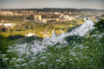 Scenic view of Prague periphery, urban area and river Vltava, moody evening sunlight in summer