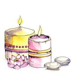 Watercolor Spa still life with aromatic candles, lotos flower and stones. Violet; purple; yellow colors.