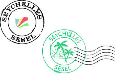 Two postal stamp ''Seychelles''. English and Creole quote. White background.