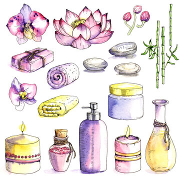 Watercolor SPA set. Candles, bottles, soap, flowers, cream, stones, towel