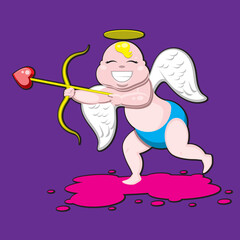 cartoon Cupid with wings nimbus bow on an isolated purple background. Vector image