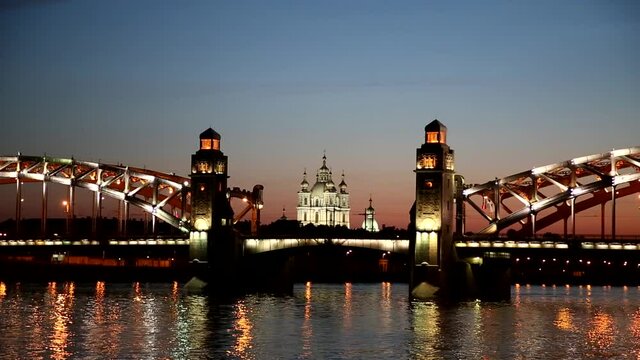 Bolsheokhtinsky bridge on the Neva river during the white nights. Saint Petersburg, Russia