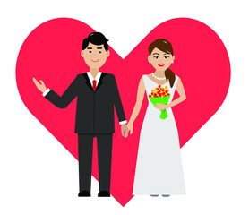 Bride and groom in wedding dress holding hand in hand with red heart shape behind. Isolated on white background. Vector Illustrator.