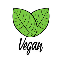Vegan text with two green leaves product logo. Ecology friendly fresh organic food label vector illustration.
