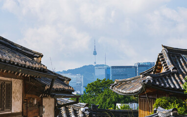 Sunrise of Bukchon Hanok Village in Seoul, South Korea.