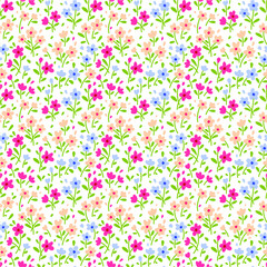 Floral pattern. Pretty flowers on white background. Printing with small multicolor flowers. Ditsy print. Seamless vector texture. Spring bouquet.