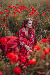 Naklejka premium Beautiful woman in poppies field