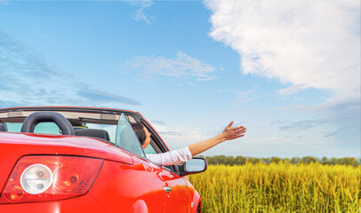 A woman raises her hands in a car in nature. Vacation and freedom concept.