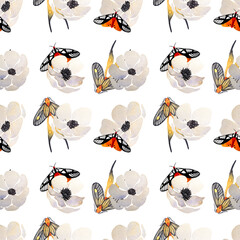 Print with long tail moth, tiger butterflies and anemones on a white background. Watercolor hand-drawn seamless pattern with white anemones and moths.