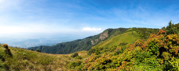 Fototapeta na wymiar Panorama of tropical forest mountain landscape view point with blue sky in Kew Mae Pan, Doi Inthanon National Park, Chiang Mai, Thailand.