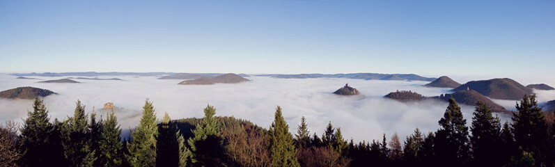 View from Rehberg tower to Triefels castle palatine germany rhine valley in autumn nice weather clouds in valley