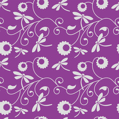 seamless pattern with flowers and dragonfy