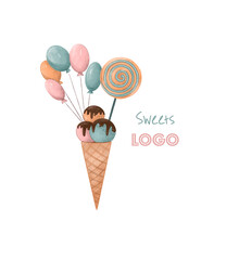 Ice cream, candy and balloons. Amusement park logo. Logo in retro style