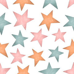 Seamless pattern with pink, blue and orange stars. Retro background