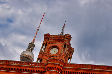 Berlin, Germany - 2019, October 13 - The famous red town hall and the berlin tv tower