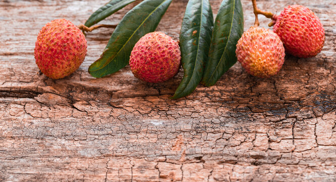 Lychee with leaves on gray background. Tropical fruit.