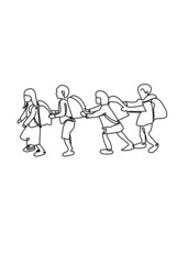 continuous line drawing of children playing an catching each orther