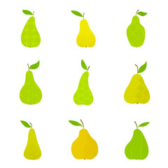 Set with yellow and green pears on a white background. Geometric ornament. Vector juicy fruits for your design of fabrics, wrapping paper, home textiles, wallpaper, postcards.